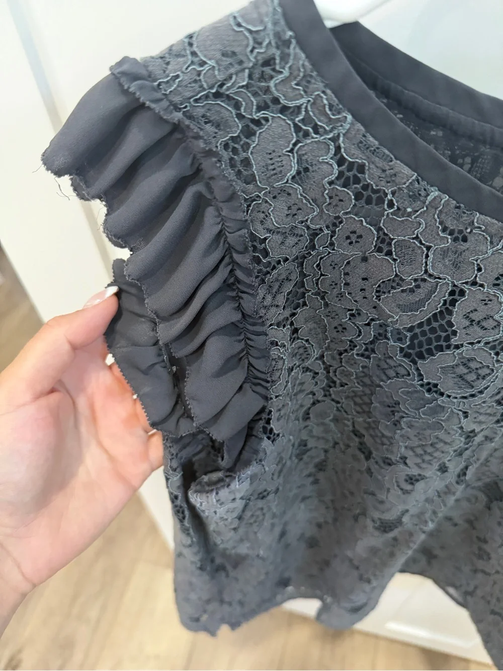 LOFT Charcoal Gray Lace Cap-Sleeve Blouse - Picture 2 of 6